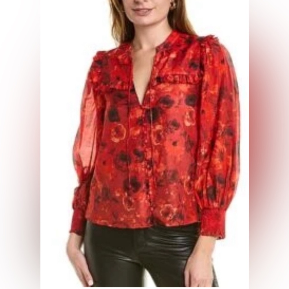 Alice + Olivia Floral Print Mock Neck Blouse with button closure detail